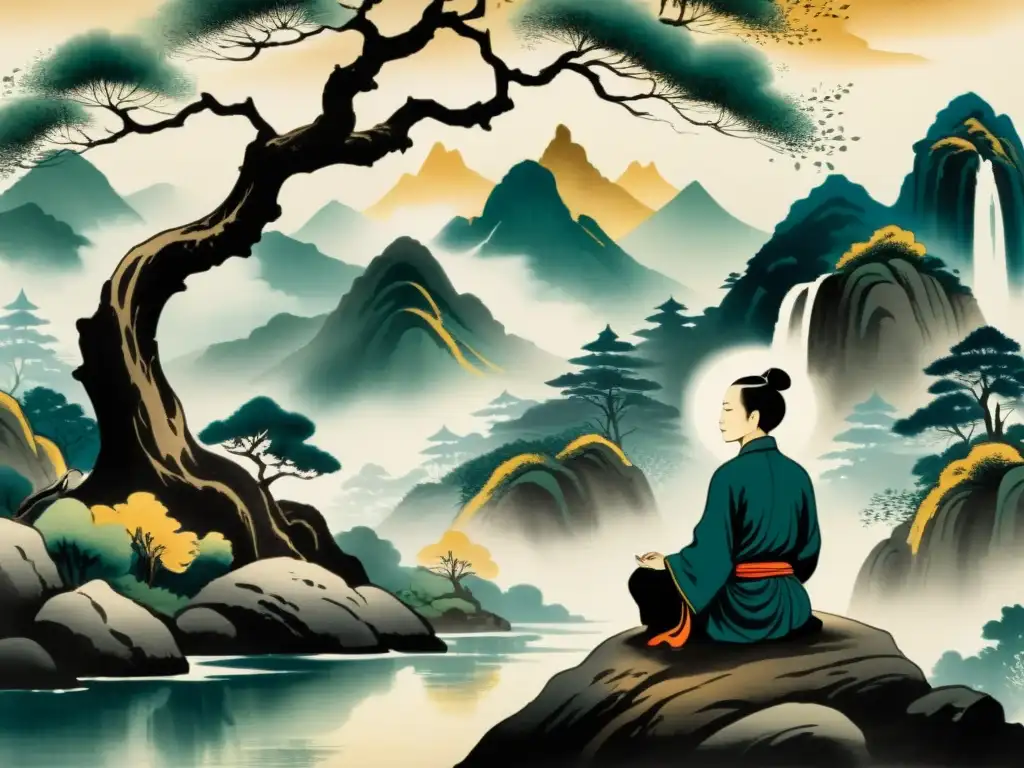 Una pintura china muestra a Lao Tse meditando bajo un árbol centenario, rodeado de montañas y una cascada tranquila