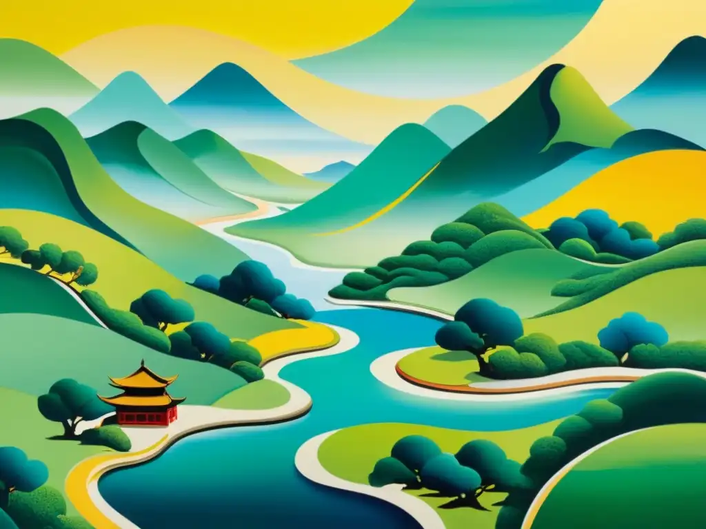 Una pintura china contemporánea detallada con paisajes tradicionales y colores vibrantes, ideal para la inversión en arte chino moderno