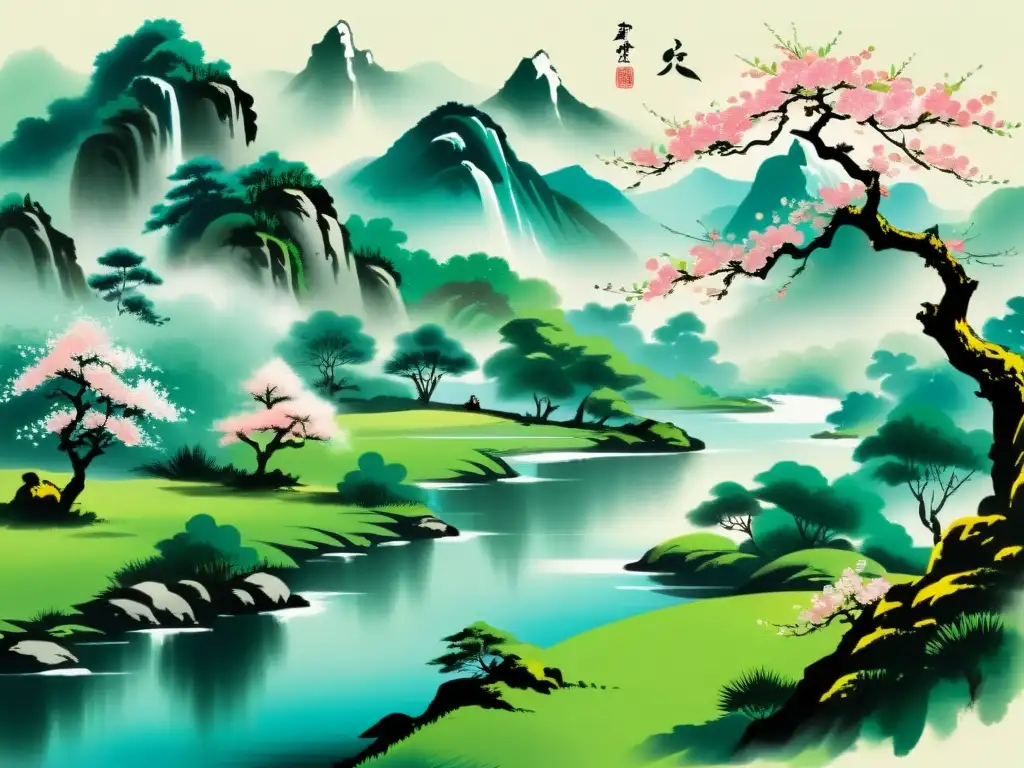 Pintura china de montaña y río sereno, árboles frondosos y flores de cerezo