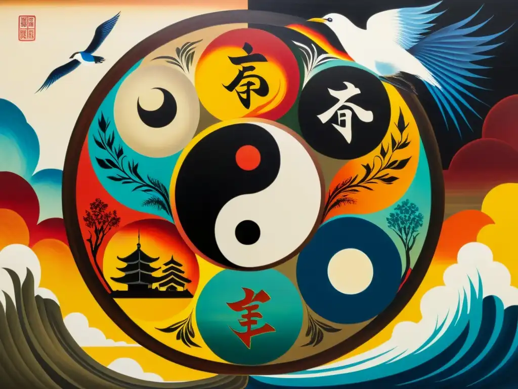 Una pintura china tradicional detalla la interconexión de los cinco elementos y el YinYang