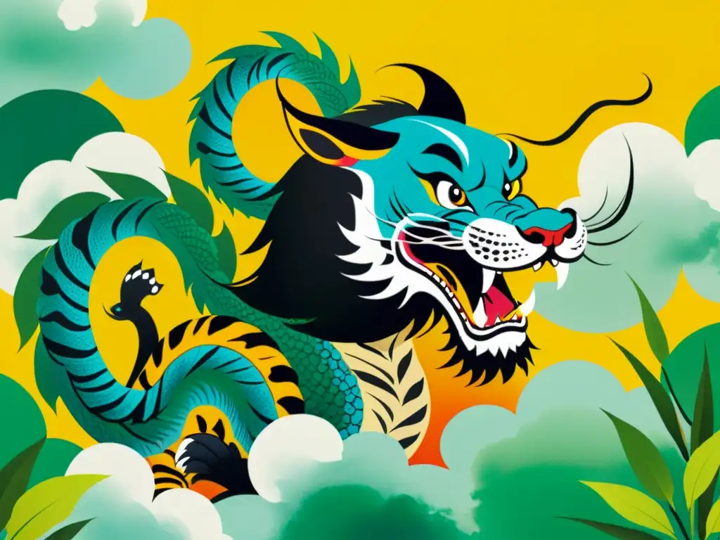 Una pintura china tradicional muestra un majestuoso dragón y un poderoso tigre en colores vibrantes