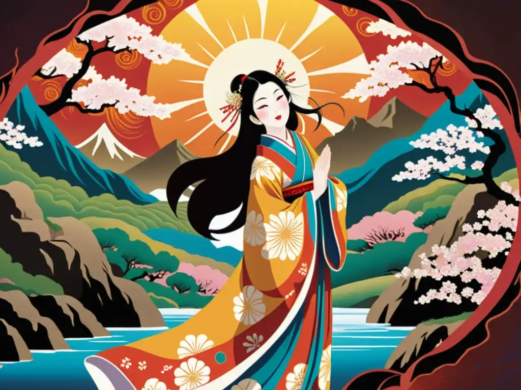 Pintura contemporánea de la diosa japonesa Amaterasu emergiendo de la cueva con una gloriosa luz celestial y paisaje de cerezos en flor