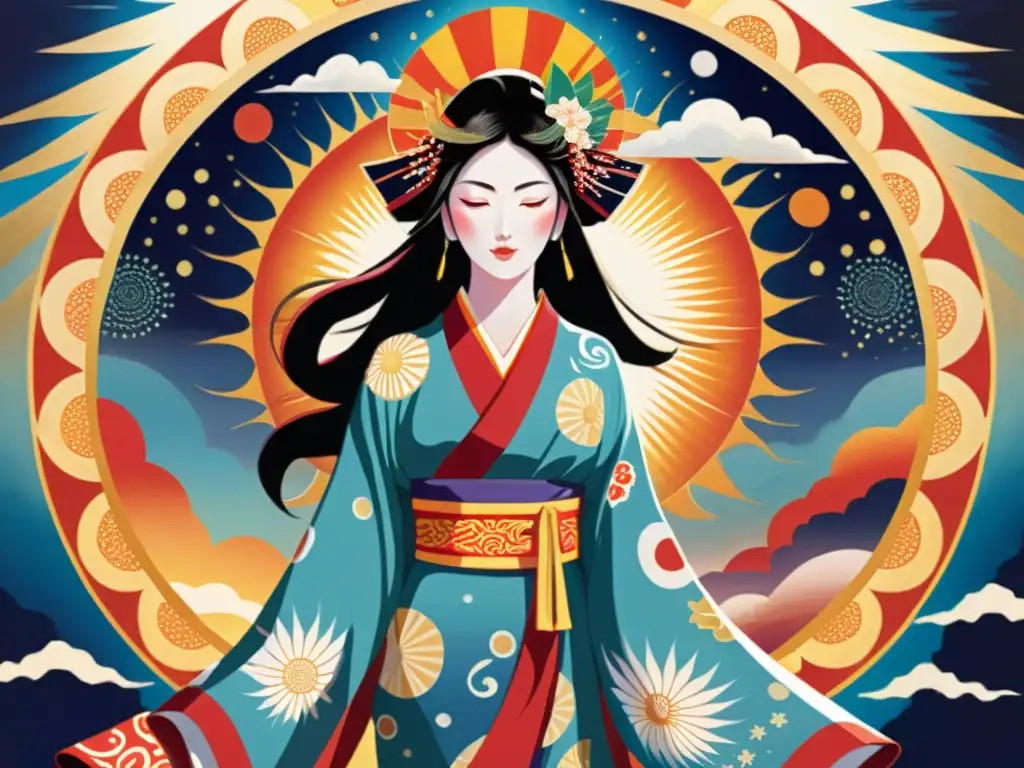 Una pintura contemporánea que representa a la diosa japonesa del sol Amaterasu, rodeada de símbolos celestiales y luz radiante