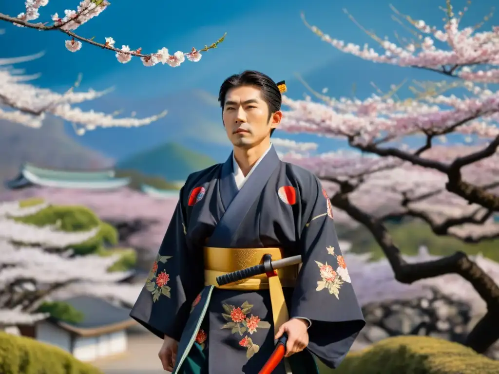 Pintura contemporánea de dioses y héroes japoneses en un entorno de cerezos en flor y paisaje sereno