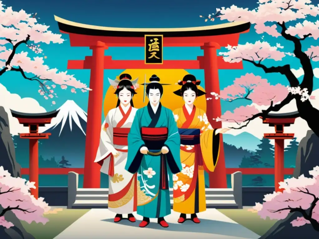 Pintura contemporánea de dioses y héroes japoneses en vibrantes colores y detalles detallados, con vestimenta tradicional y un majestuoso torii