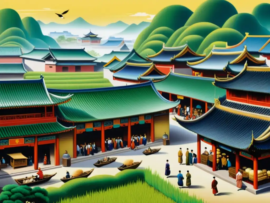 Una pintura detallada de una bulliciosa ciudad antigua china, reflejando la igualdad y utopía de la filosofía china clásica