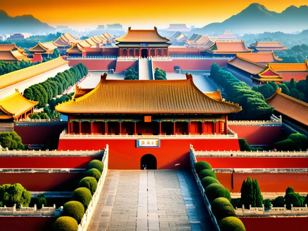 Pintura detallada de la Ciudad Prohibida de Beijing al atardecer, con la inminente invasión manchú en el declive Ming