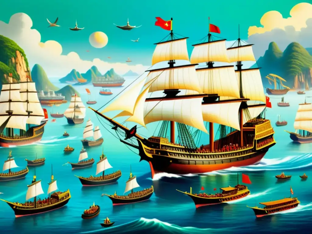 Una pintura detallada de las expediciones marítimas de Zheng He Ming, mostrando la grandiosidad de la flota y el intercambio cultural