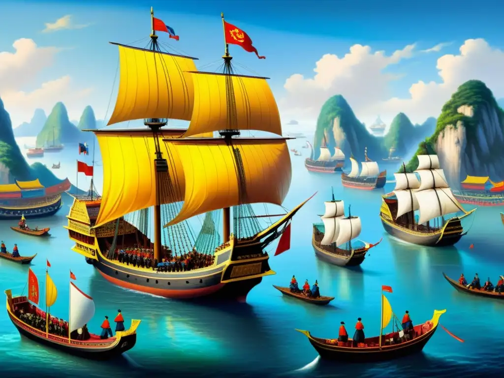 Una pintura detallada de la flota Ming preparándose para las expediciones marítimas Zheng He Ming, con coloridos barcos y tripulación ocupada