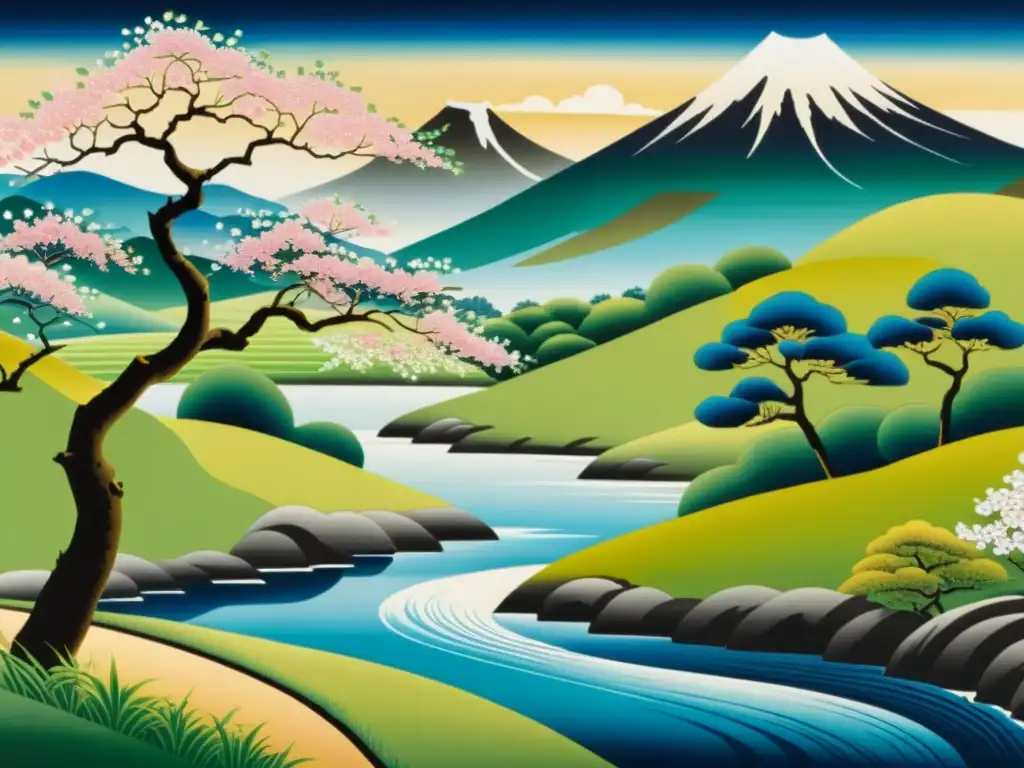 Una pintura detallada de paisaje japonés en Yamatoe, exudando belleza atemporal y significado cultural