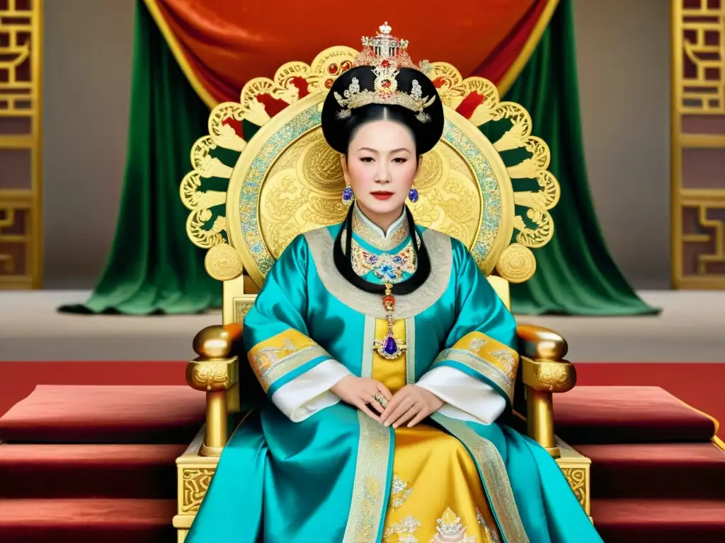 Pintura detallada de la poderosa Emperatriz Dowager Cixi en su trono dorado, rodeada de la opulencia de la dinastía Qing