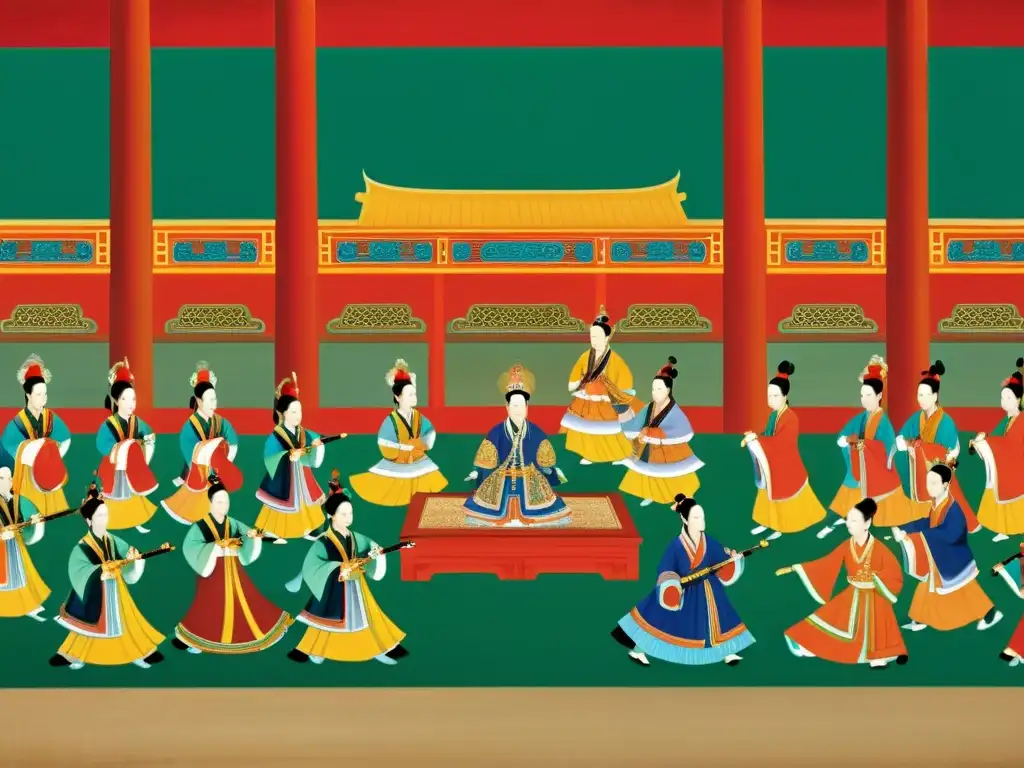 Una pintura detallada y vibrante de una majestuosa actuación musical en la Corte Imperial China, llena de músicos, bailarines y una audiencia real