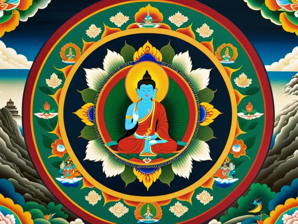 Una pintura thangka tibetana muestra escenas vibrantes de la mitología budista