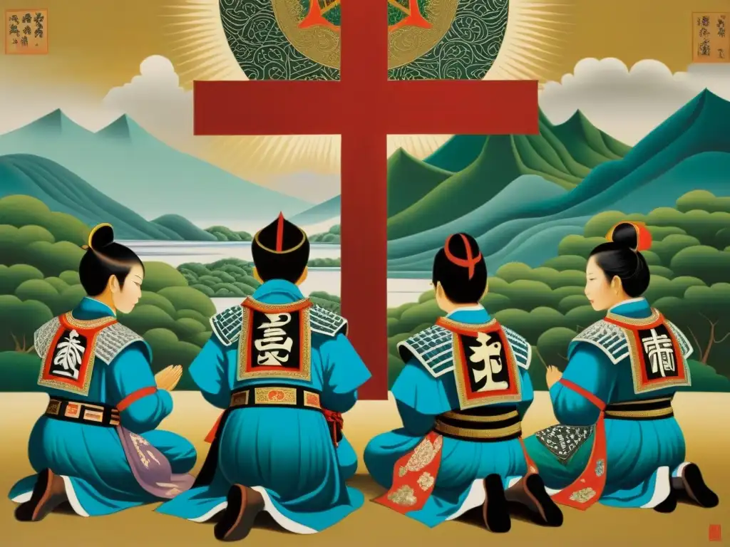 Pintura impactante de samuráis rezando ante una cruz cristiana en fusión cultural, con detalles detallados de armaduras y paisaje japonés sereno