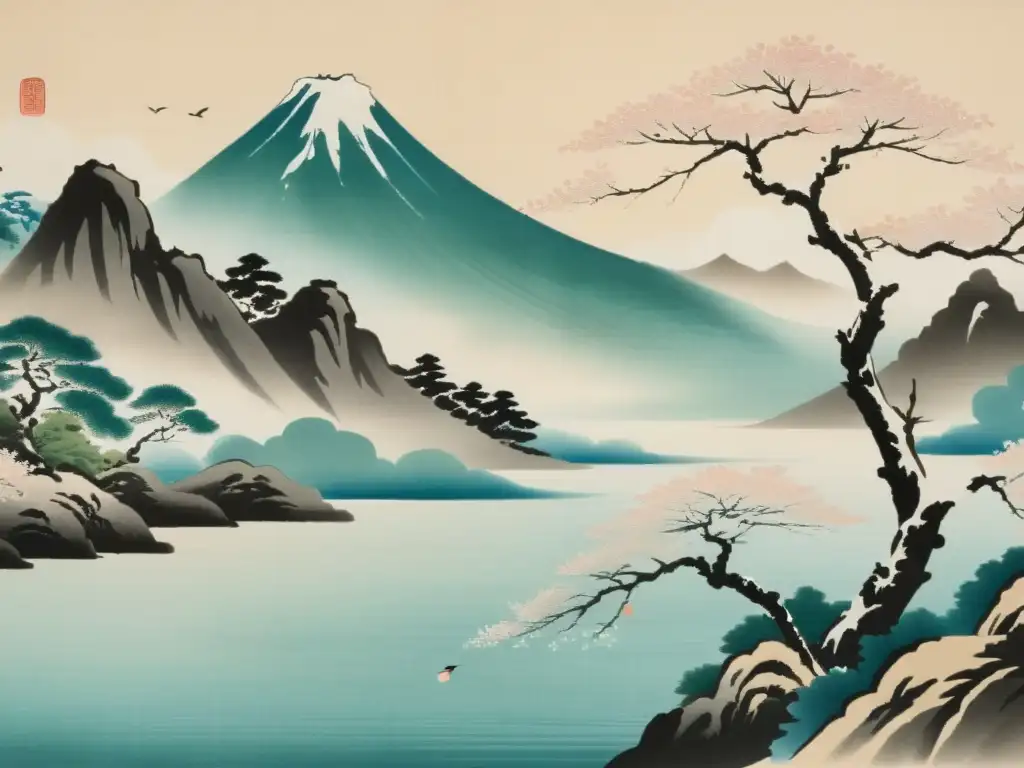 Pintura japonesa antigua que refleja la influencia del budismo en la naturaleza