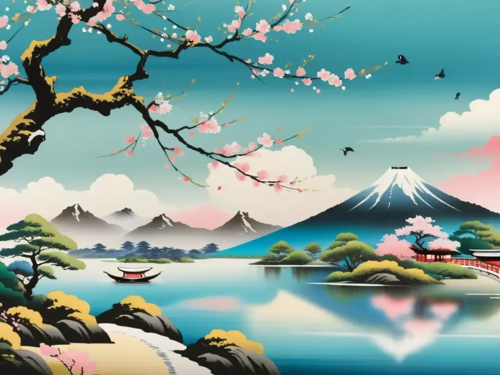 Una pintura japonesa de un cerezo en flor, evocando metáforas florales en la literatura japonesa, con pétalos rosados y paisaje sereno