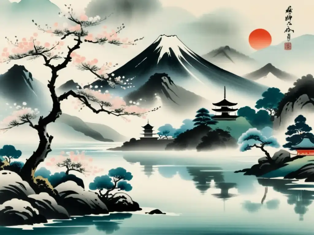 Una pintura japonesa de montaña, río y cerezo en flor que refleja la influencia del budismo en la pintura japonesa