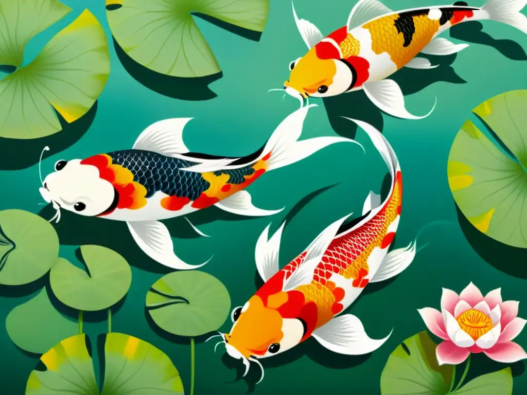 Pintura japonesa detallada de un Koi nadando entre flores de loto en un estanque tranquilo, capturando el significado del Koi en la pintura japonesa