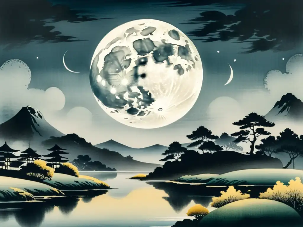 Pintura japonesa detallada de la luna brillando sobre un paisaje sereno