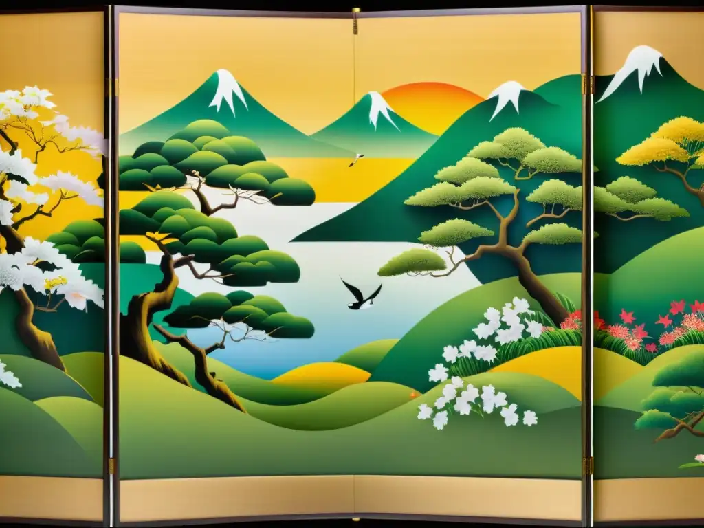 Pintura japonesa de las estaciones: Escena exuberante con naturaleza vibrante y detalles meticulosos que capturan la belleza efímera del verano