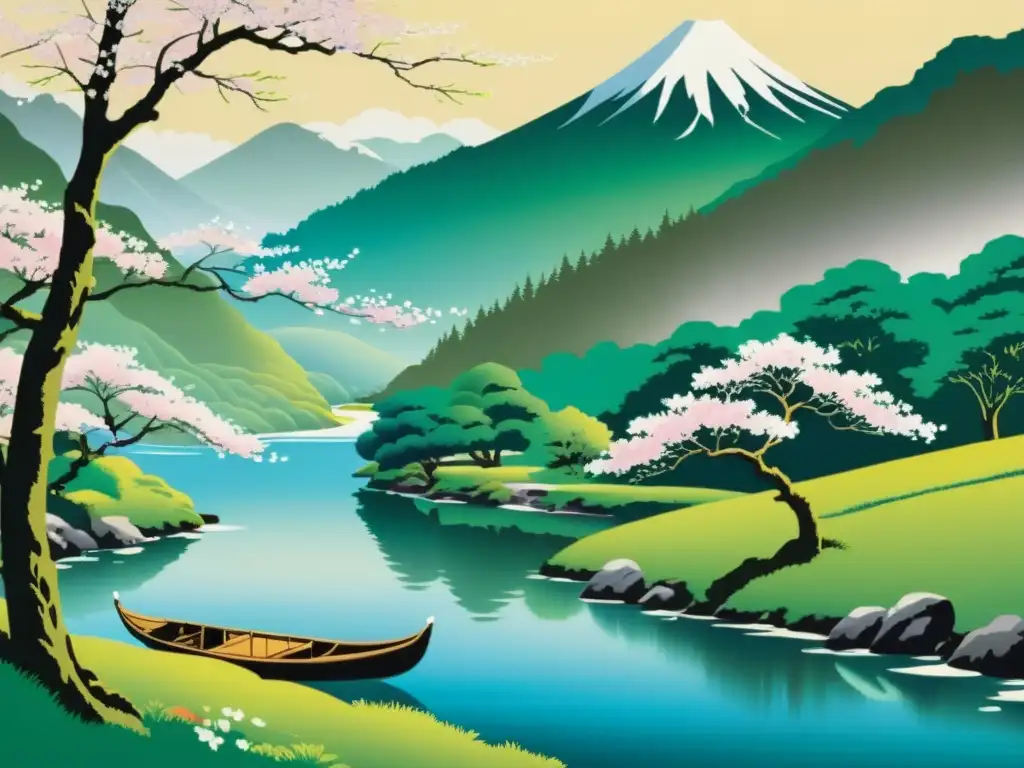 Pintura japonesa de las estaciones: escena serena de primavera con cerezos en flor, río tranquilo y montaña nevada al fondo