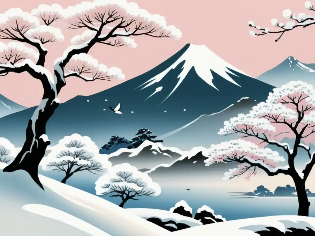 Pintura japonesa de las estaciones: paisaje invernal sereno con montaña nevada y delicados cerezos en flor