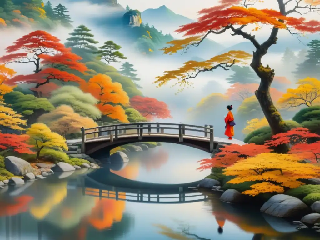 Una pintura japonesa de las estaciones: un paisaje otoñal sereno con un río serpenteante, árboles de arce vibrantes y una figura contemplativa