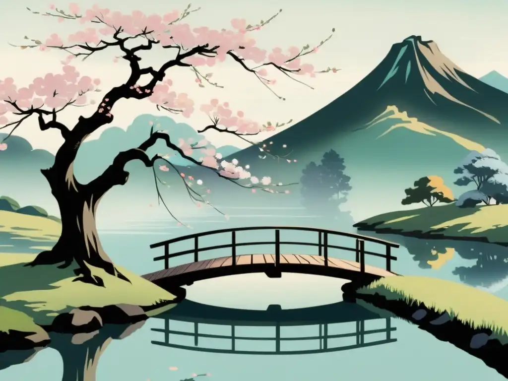 Pintura japonesa de las estaciones: Sereno paisaje con cerezo en flor sobre un estanque, puente de madera y atmósfera contemplativa