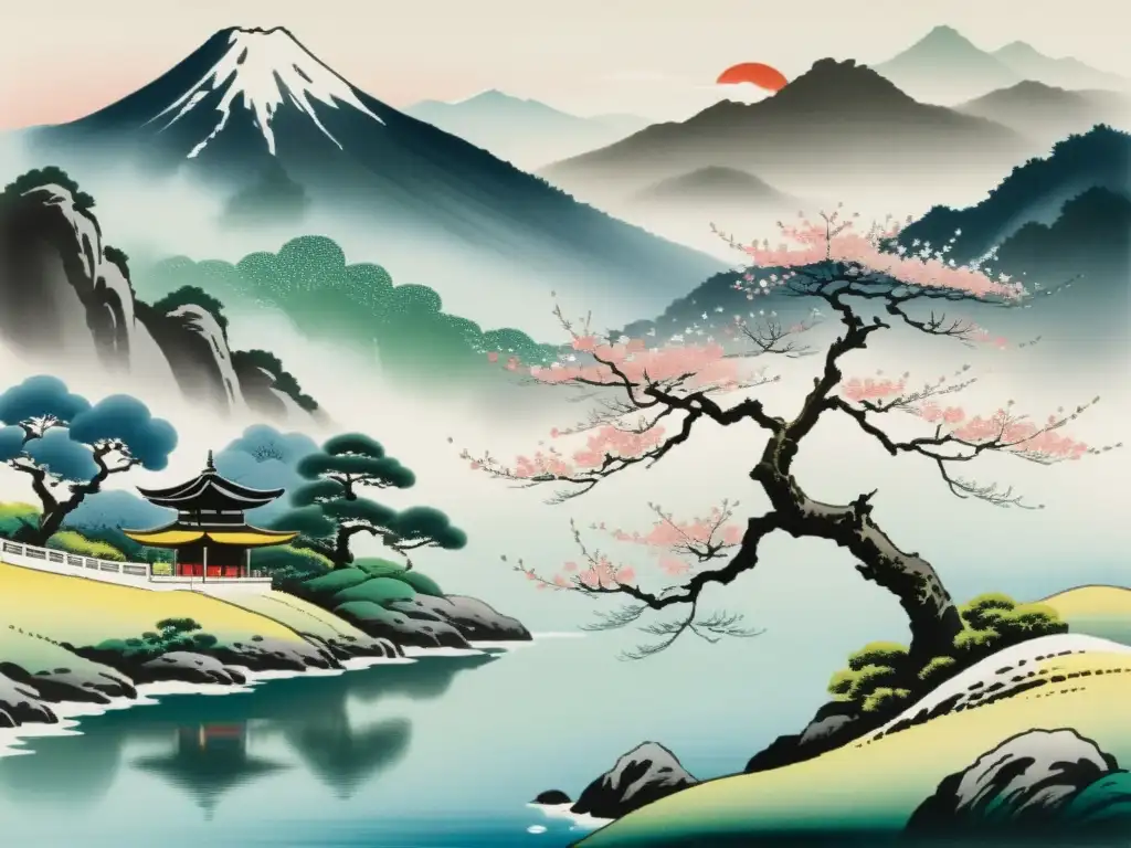 Pintura japonesa con influencia del budismo: paisaje sereno con cerezo en flor, río y montañas cubiertas de niebla