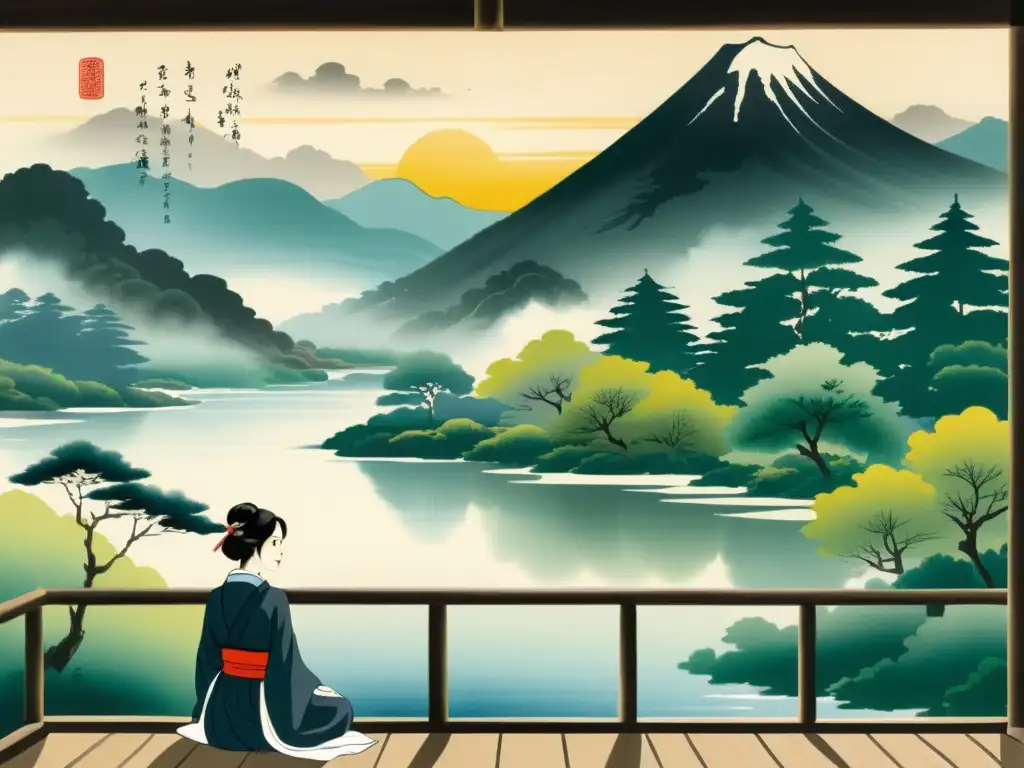 Pintura japonesa de paisaje sereno con río, árboles, montaña