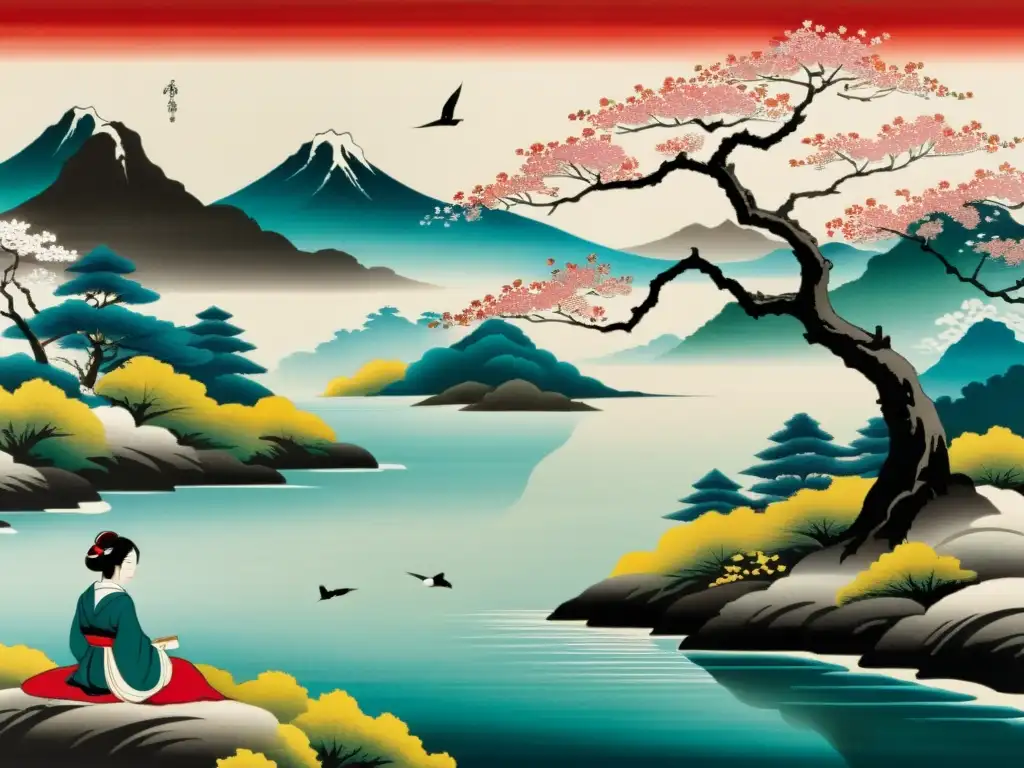 Pintura japonesa de paisaje sereno con cerezos en flor, un río y poeta componiendo un Tanka