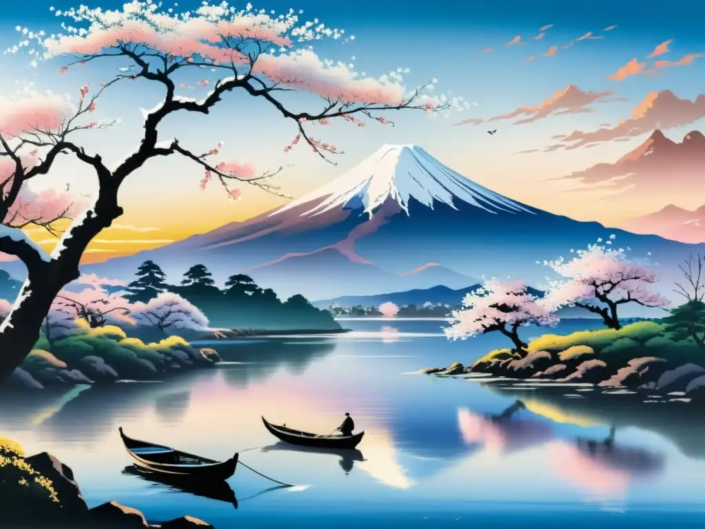 Pintura japonesa de paisaje sereno con Monte Fuji nevado y cerezos en flor