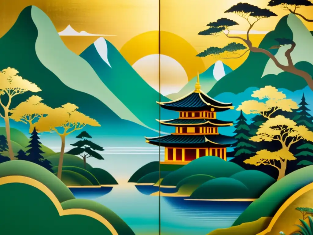 Pintura japonesa en técnica dorado, representa la mítica ciudad de El Dorado con paisajes exuberantes, templos majestuosos y criaturas míticas, bañados en un resplandor cálido y etéreo