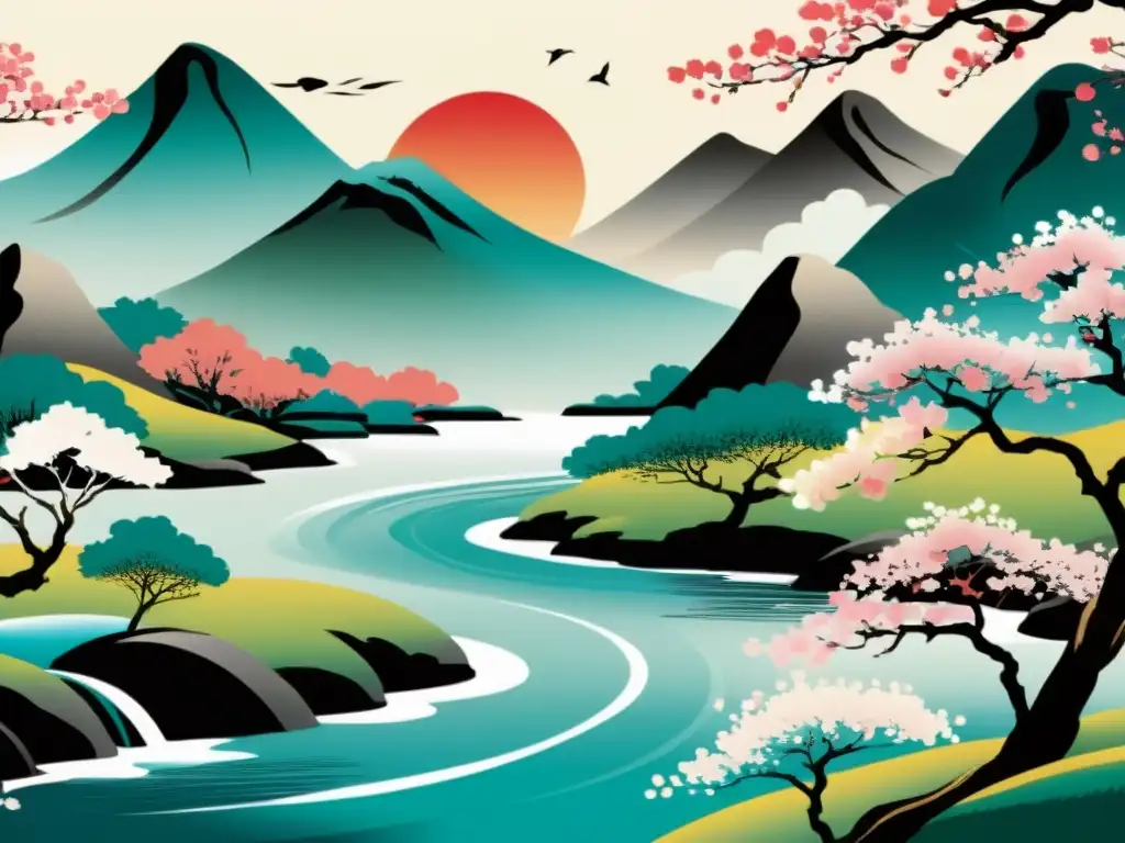 Una pintura japonesa a tinta con influencia del arte tradicional japonés, muestra un paisaje sereno con un río, montañas y un cerezo en flor