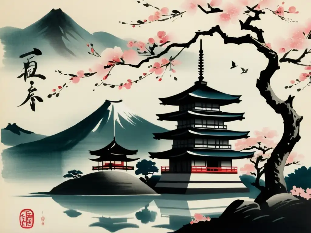 Una pintura japonesa de tinta con influencia del budismo, muestra un paisaje tranquilo con una pagoda entre cerezos en flor y un poema en kanji