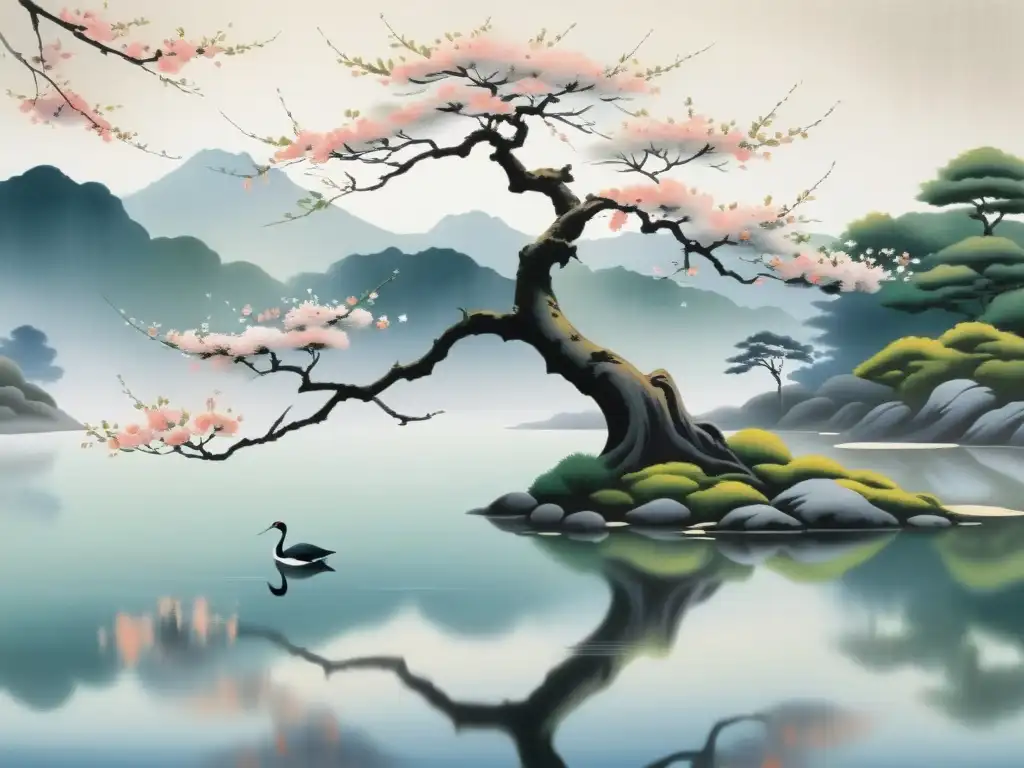 Una pintura japonesa de tinta muestra un paisaje sereno con un delicado cerezo en flor junto a un estanque