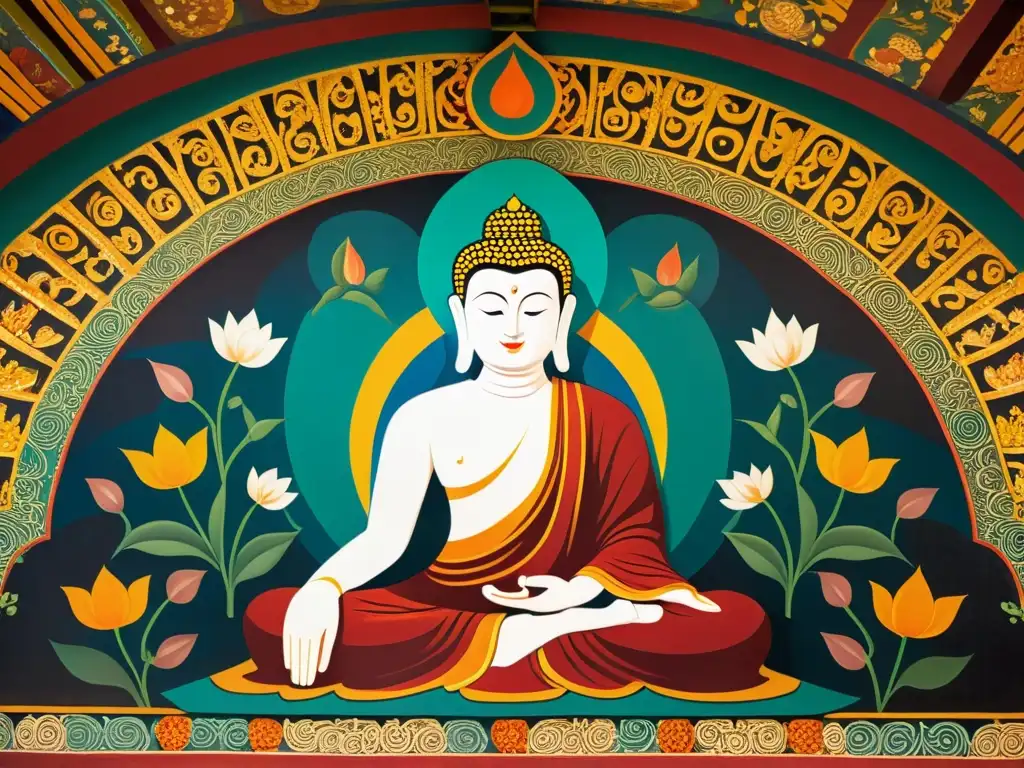 Mural budista antiguo: vida de Buda y patrones vibrantes Una pintura mural budista antigua en una cueva, con coloridos detalles de la vida de Buda y patrones florales