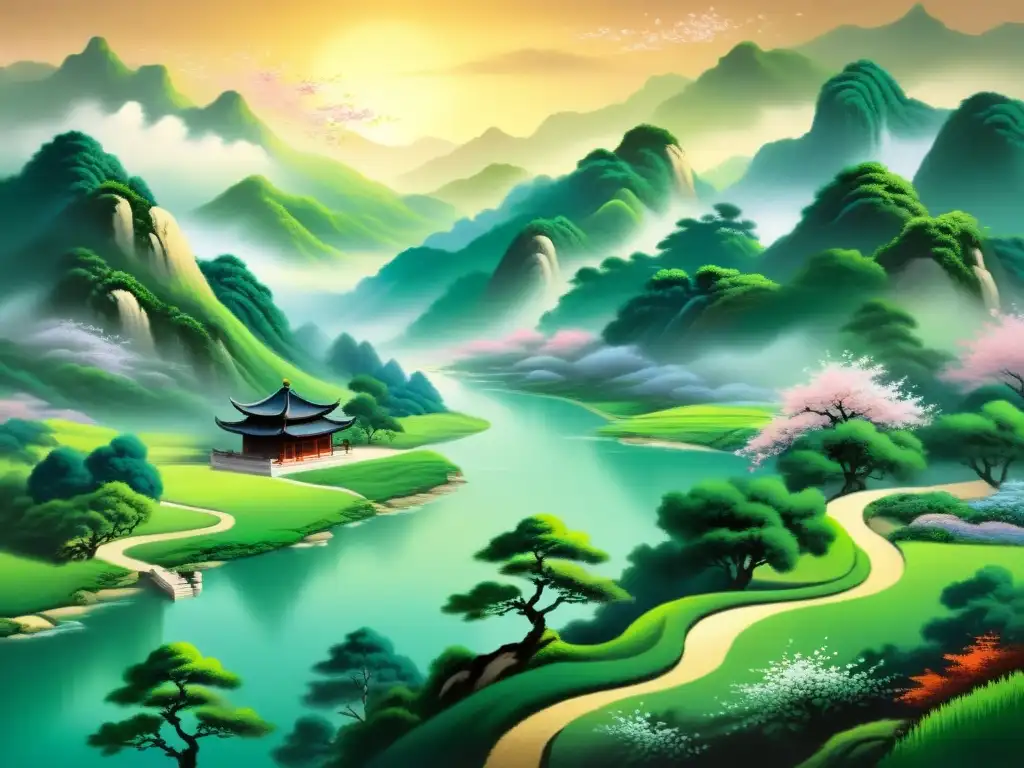 Pintura paisajista china dinastías: paisaje expansivo con colinas, río, figura solitaria y naturaleza exuberante, evocando serenidad y contemplación