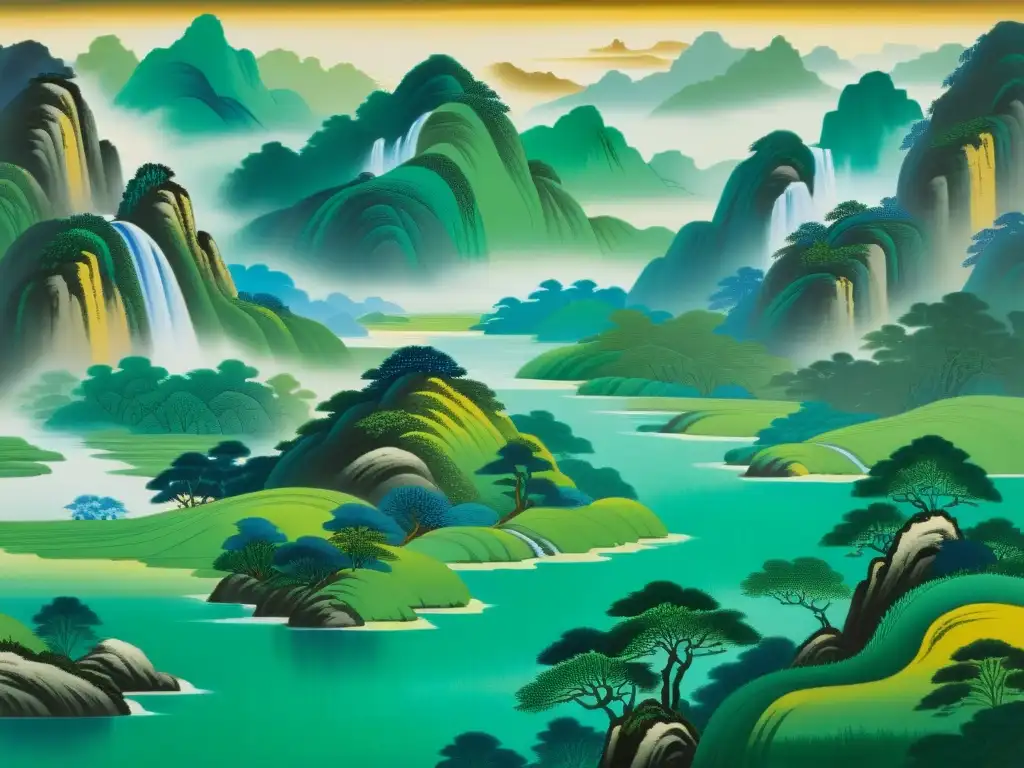 Pintura paisajista china dinastías: Paisaje sereno de montañas, ríos y bosques, con figuras humanas en armonía con la naturaleza