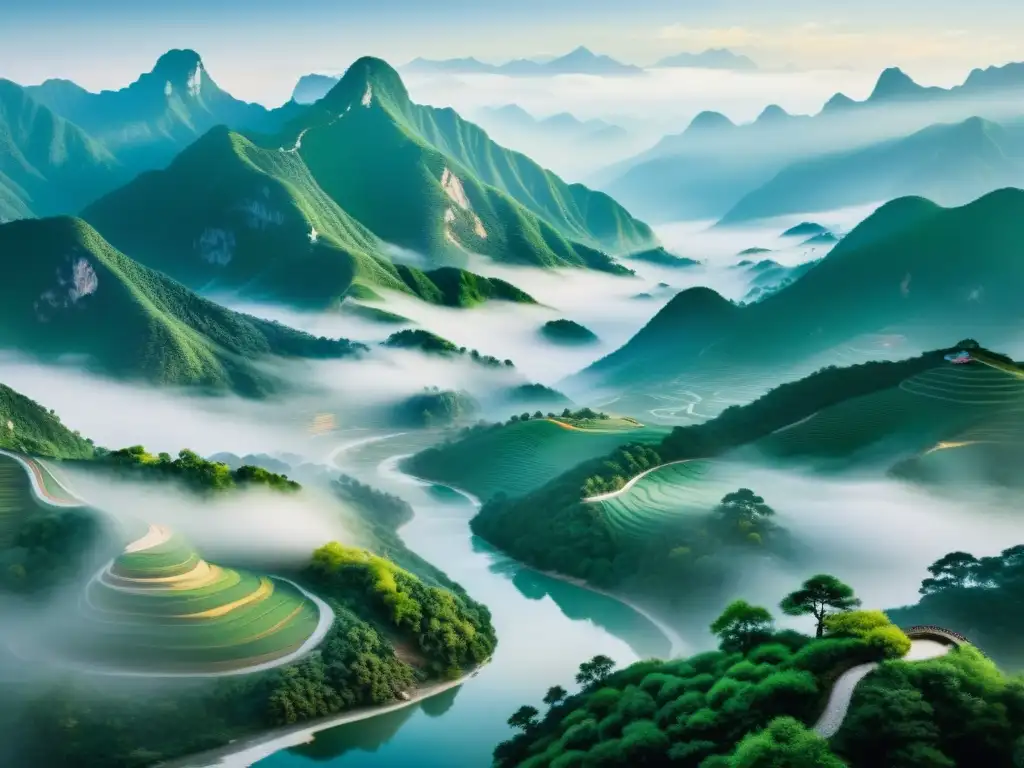 Pintura paisajista china dinastías: Una pintura detallada de montañas envueltas en neblina, con colores vibrantes y detalles meticulosos que capturan la belleza serena de la naturaleza