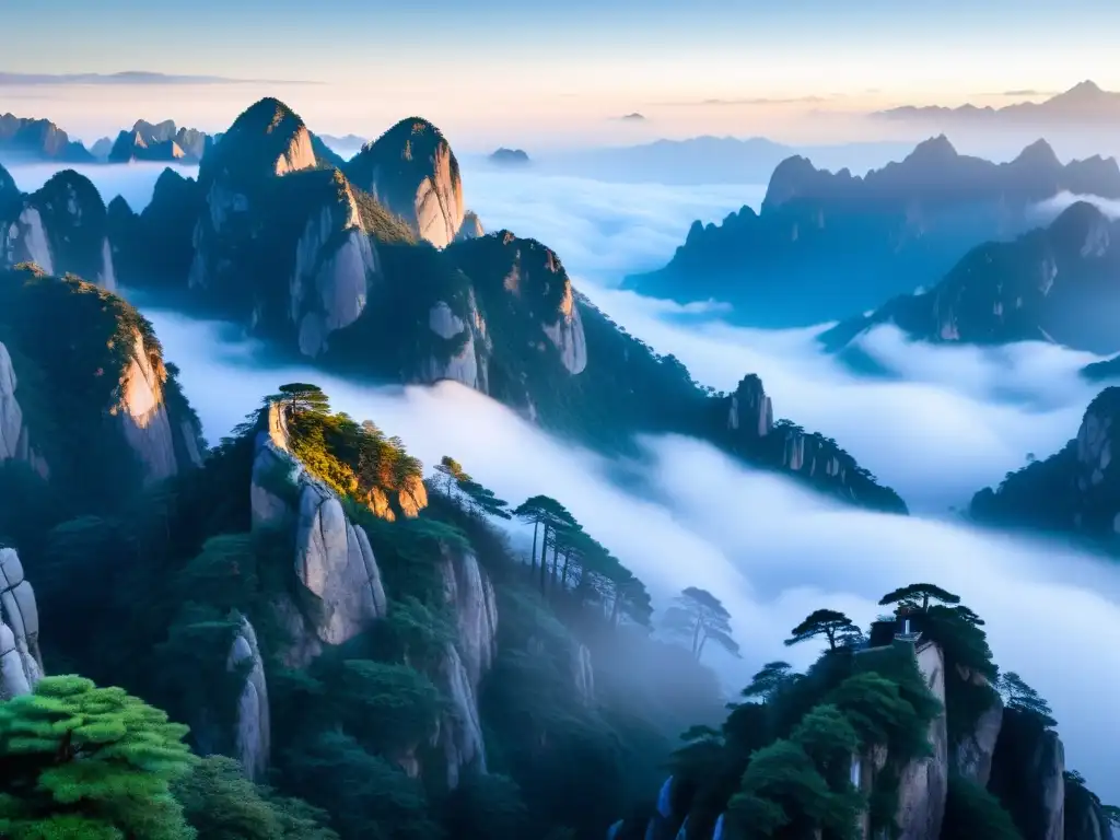 Pintura paisajista china dinastías: Majestuosa vista de Huangshan, montañas cubiertas de niebla con picos de granito emergiendo entre nubes