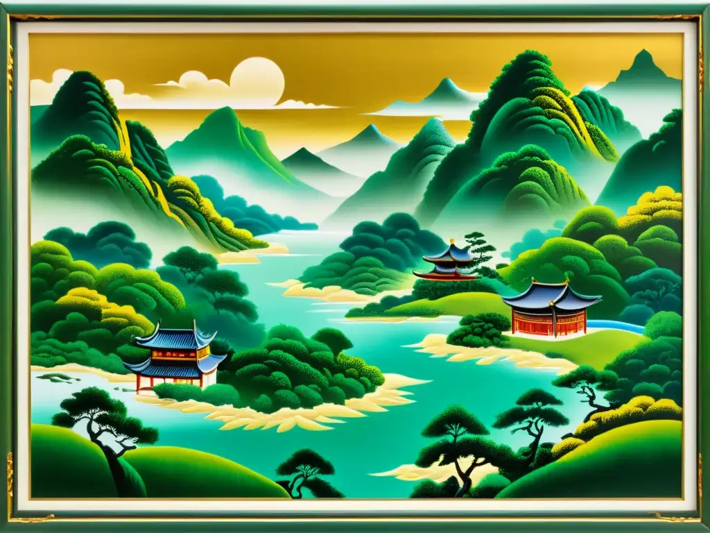 Pintura paisajista china de las dinastías con montañas, ríos y bosques, enmarcada en bordes dorados ornamentados y colores vibrantes