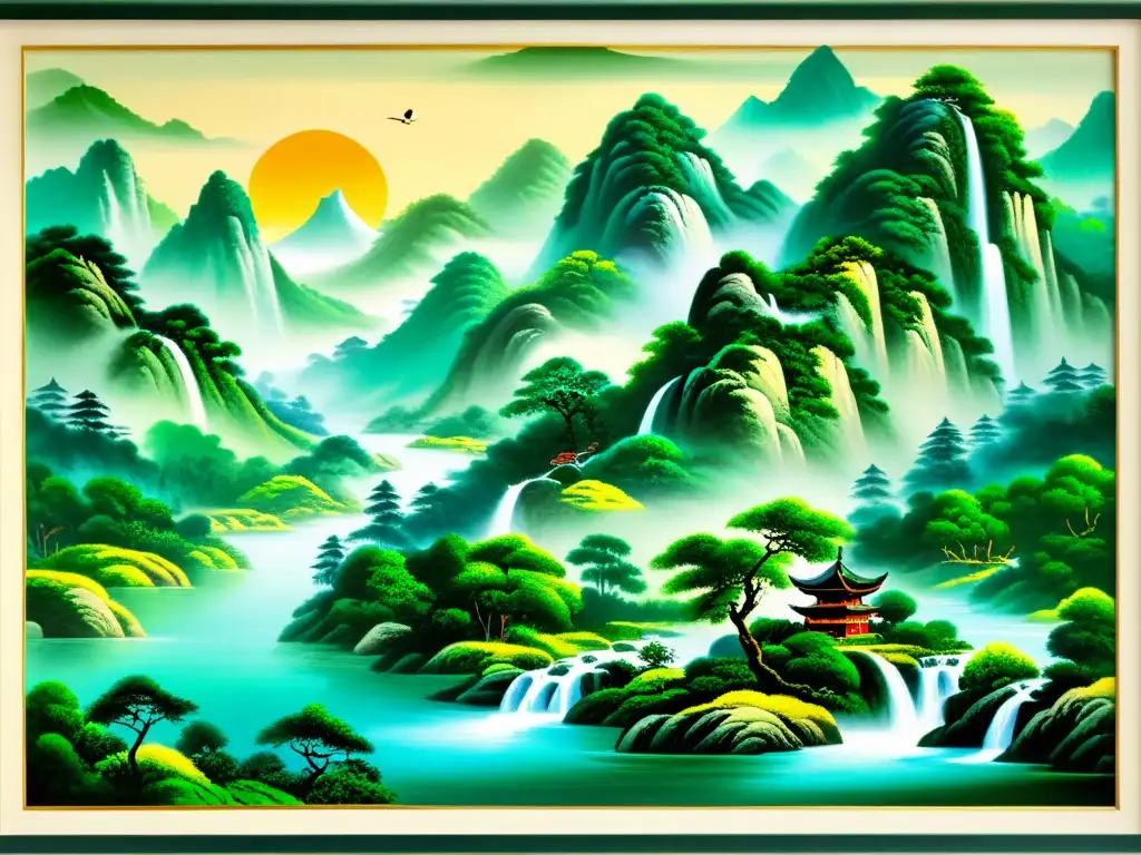 Pintura paisajista china dinastías: Paisaje tradicional chino con montañas, ríos, cascadas y bosques, evocando armonía y sabiduría antigua