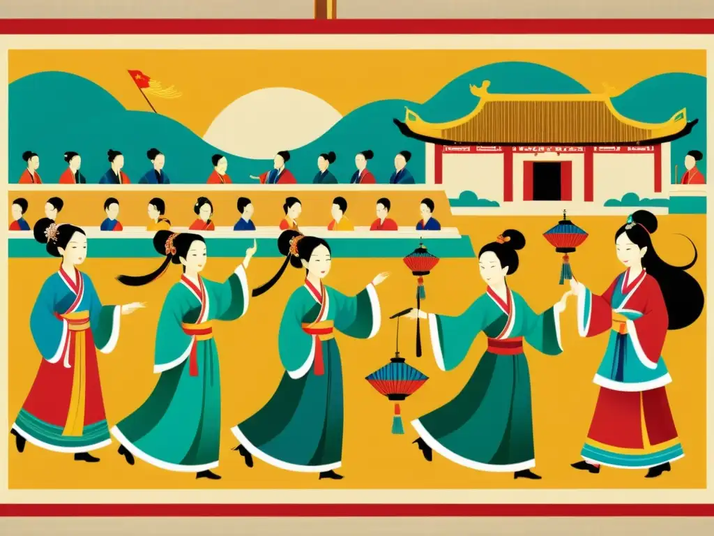 Una pintura de pergamino chino con escenas vibrantes de minorías étnicas participando en actividades culturales en las dinastías chinas antiguas