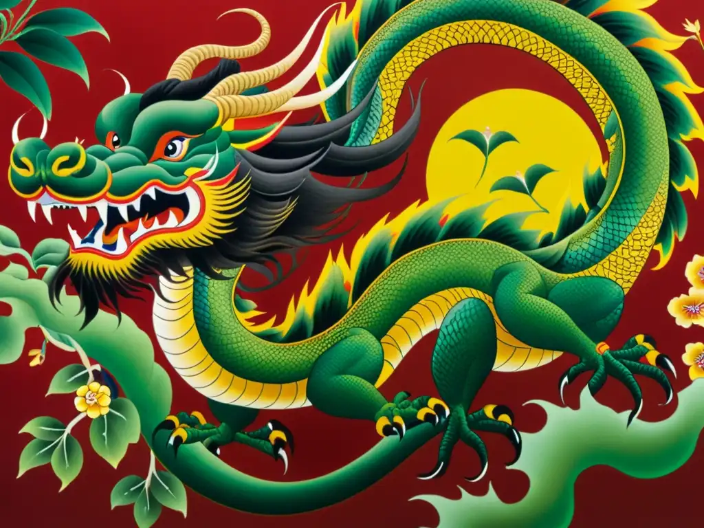 Una pintura de seda china con dragones, fénix y motivos florales en colores vibrantes