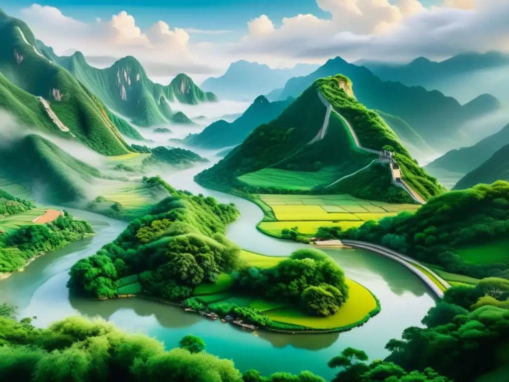 Una pintura tradicional china de paisaje montañoso, río serpenteante y exuberante vegetación