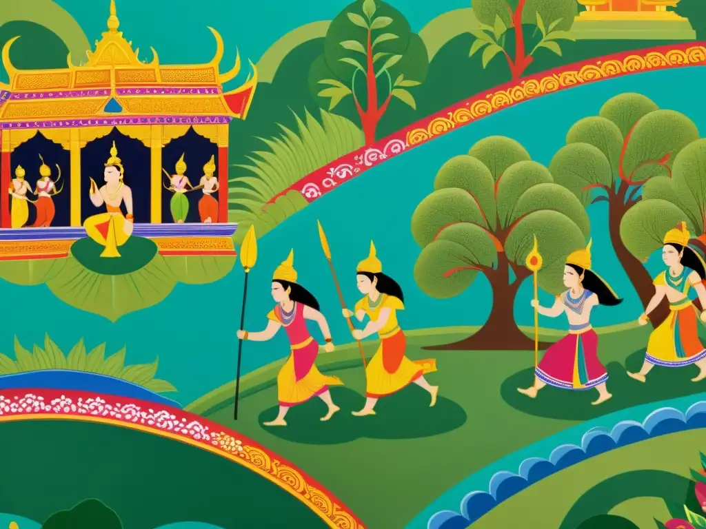 Pintura tradicional del Ramayana en Asia, con colores vibrantes y detalles intrincados que muestran la influencia del Ramayana en el arte asiático