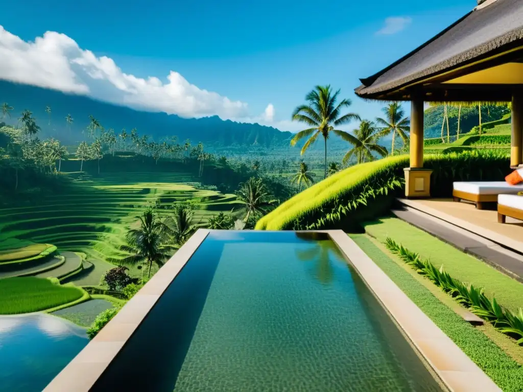 Una piscina infinita en Bali con vistas a terrazas de arroz, palmeras y naturaleza exuberante