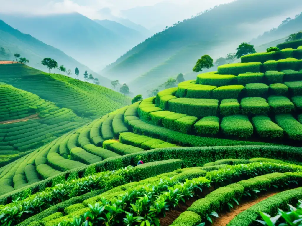 Una plantación de té tradicional en las montañas de Asia, con hojas verdes vibrantes y agricultores recolectando a mano