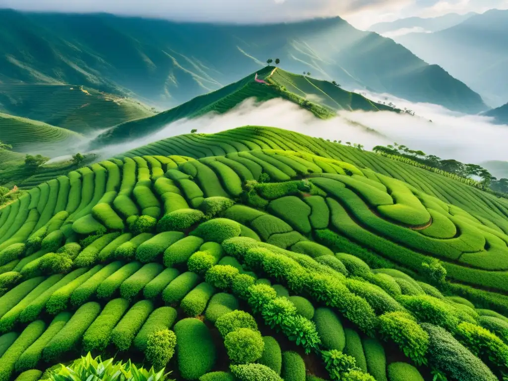 Plantaciones de té en Asia: Vista aérea impresionante de campos de té verdes en las montañas, con granjas tradicionales y neblina